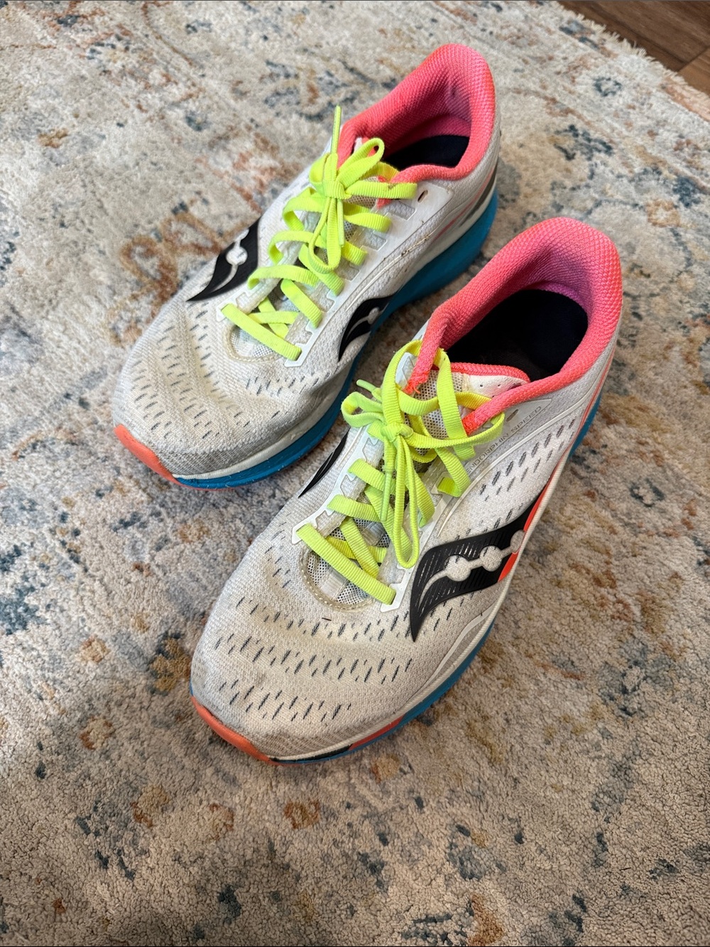 Saucony Women's White Running Shoes with Neon Yellow Laces & Pink Collar